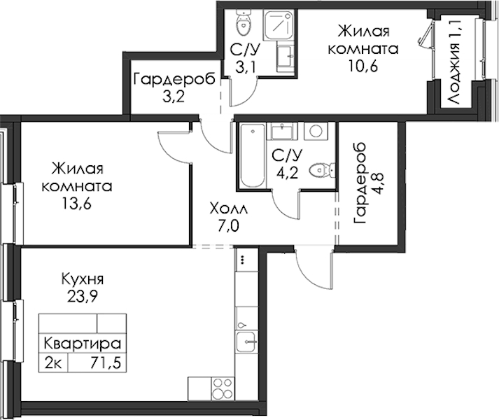 2-комнатная квартира 71.5 м², 2/8 эт., ЖК «Шкиперский 19»